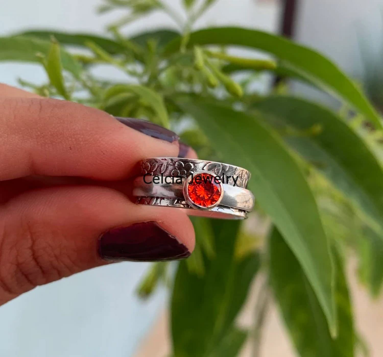 Anillo giratorio de plata con forma de flor y hojas de piedra preciosa de granate, hecho a mano, para meditación, ansiedad y ansiedad