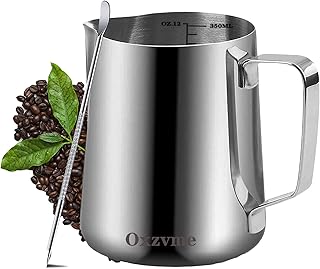 Milk Frothing Pitcher, [Upgraded, Thicker] 12OZ/350ML Milk Frother Cup 304 Stainless Steel Espresso Milk Steaming Pitcher Machine Accessories Barista Tools with Decorating Pen Latte Artk