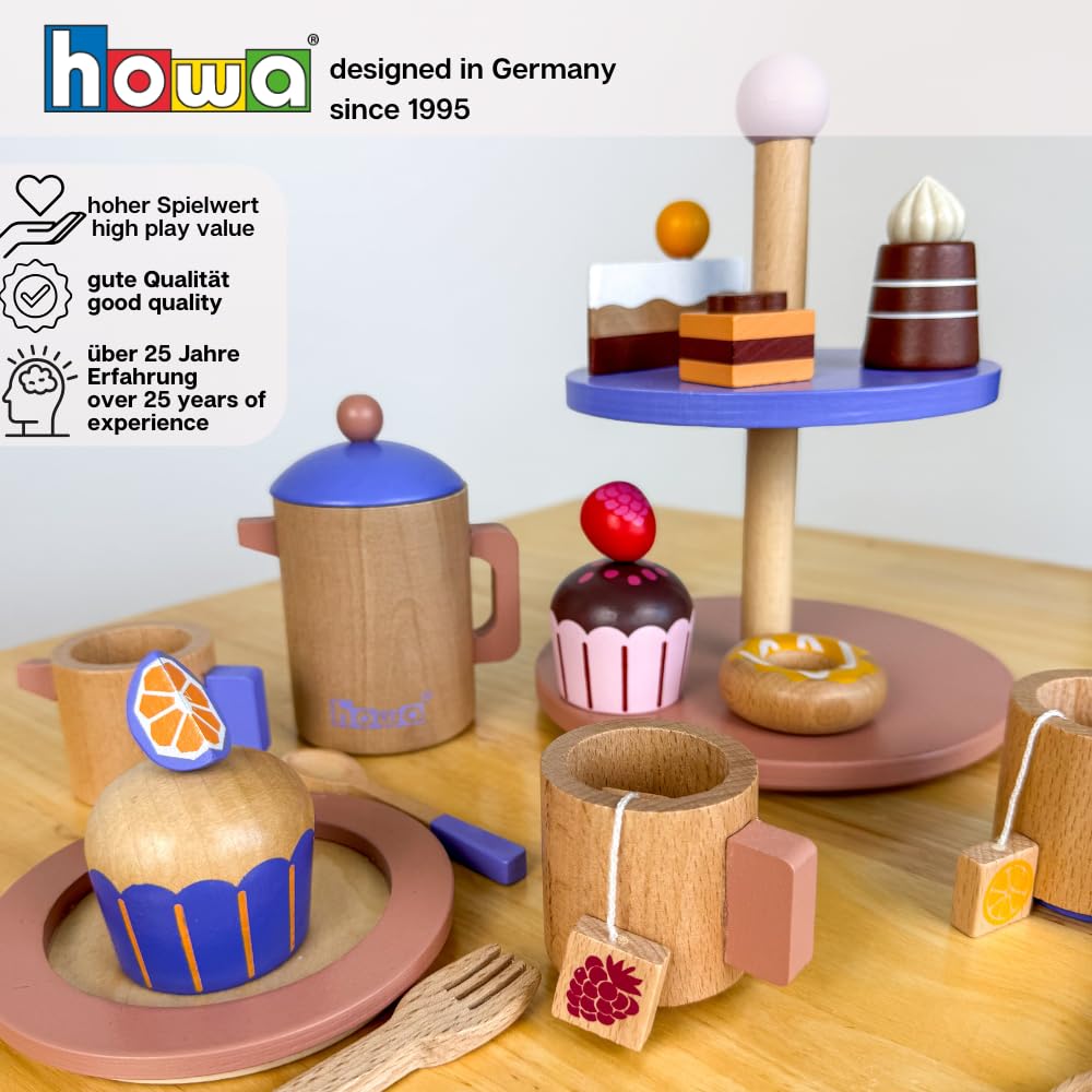 howa 19-Piece Wooden Coffee Service and Tea Set for Children with Stand 6 Treats, Teapot, Milk Jug, Cups, Tea Bags, Plates - Image 2