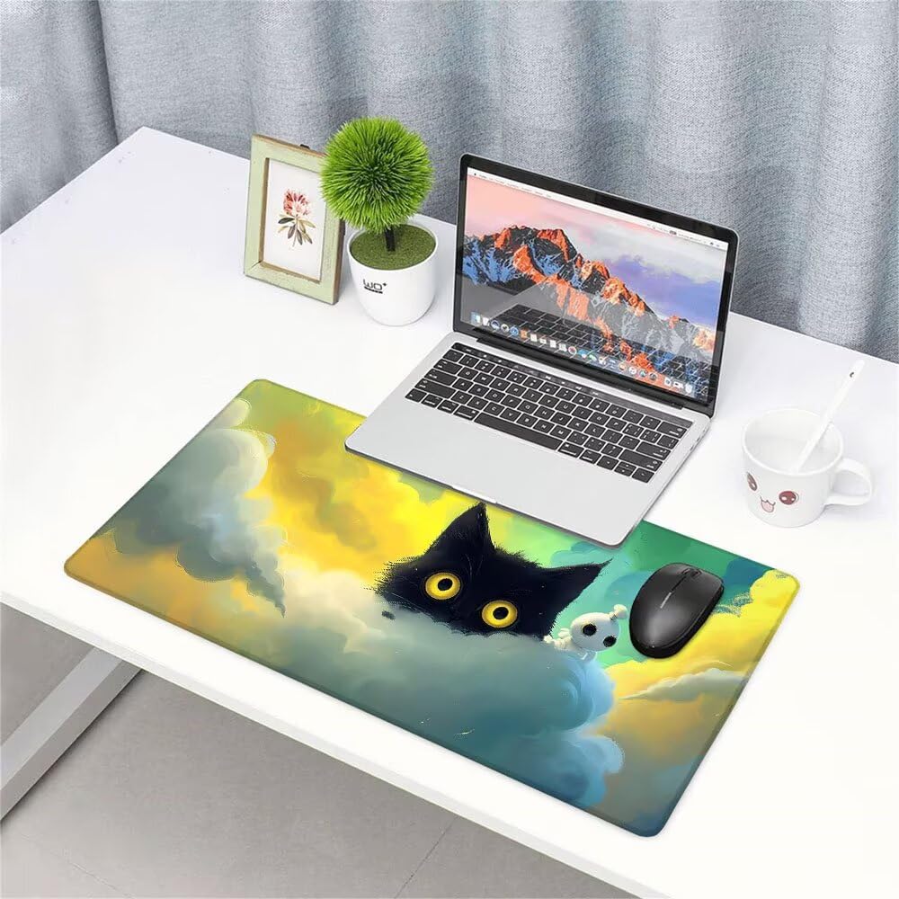 Alfombrilla de Mouse para Juegos, Giallo, XXL, Antideslizante, Impermeable, Diseño de Gatto, Extendido, Grande, 1200x600x3mm, para PC, Laptop, Ufficio, Famiglia d-606