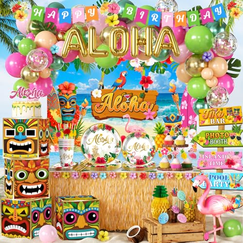 cocomigo 320pcs Hawaiian Party Decorations Complete Party Set, Serves for 25 Guests, Luau Birthday Decorations, Aloha Birthday Decorations with Hawaii Tropical Theme Banner, Balloon Arch, Ta