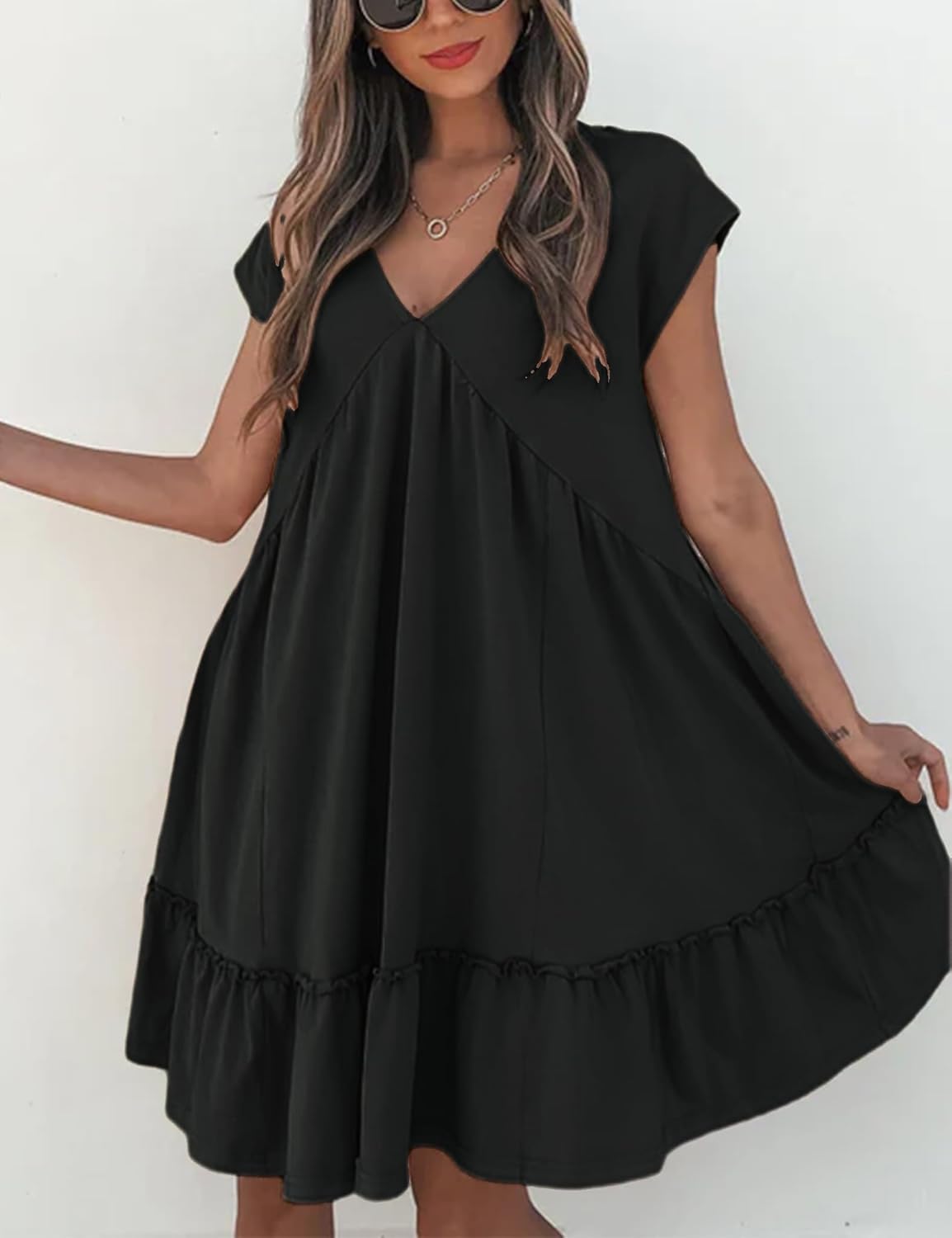 APAFES Women's Summer Dress A Line V-Neck Ruffle Hem Sundress Flowy Swing Mini Dress with Pockets(Black-L) - Image 2