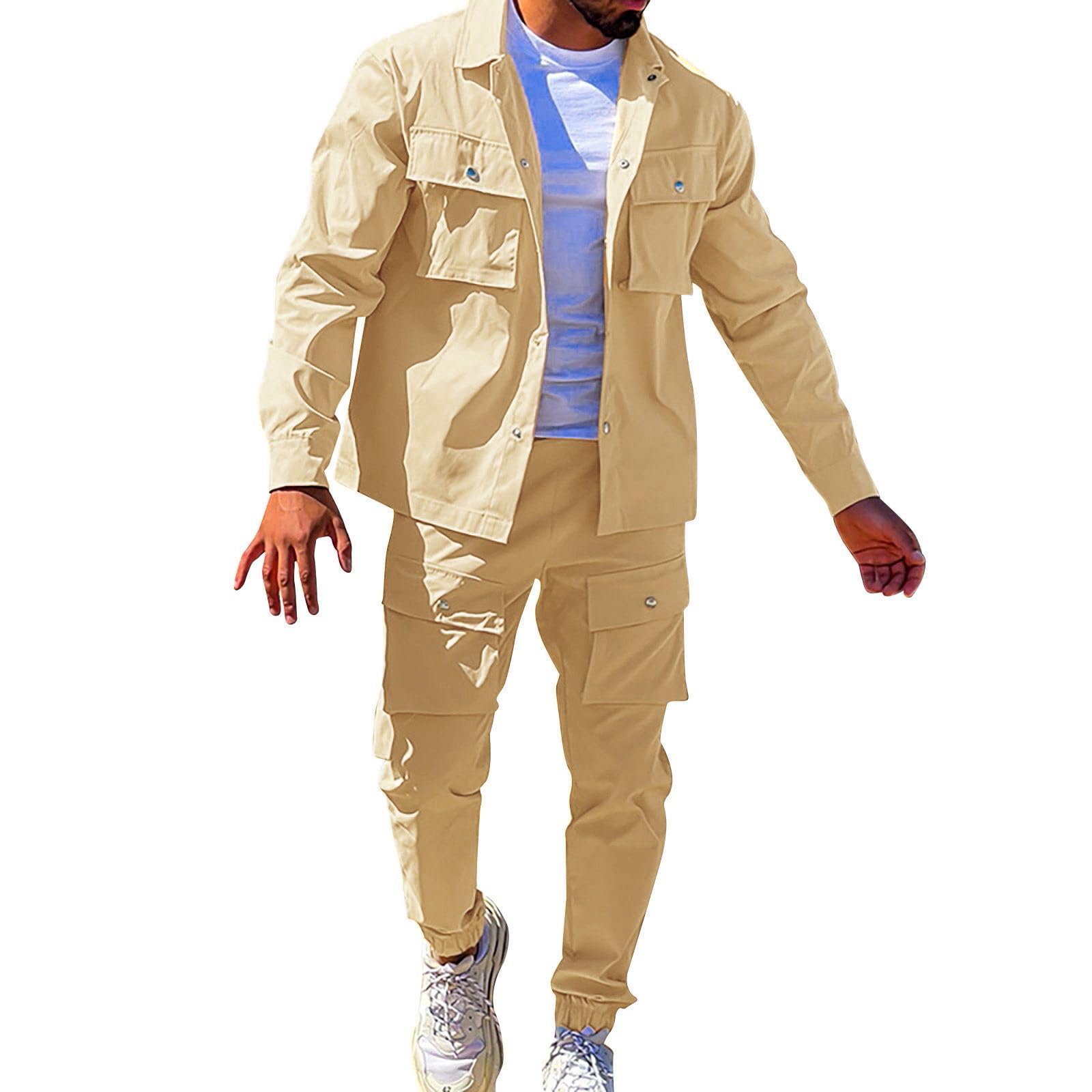 Uomo Set di Tuta Giacca con Bottoni e Pantaloni Cargo Jogging | Uomo Set di Tuta Casual Manica Lunga Top E Pantaloni Allungabili Daffaires Tuta Sportiva
