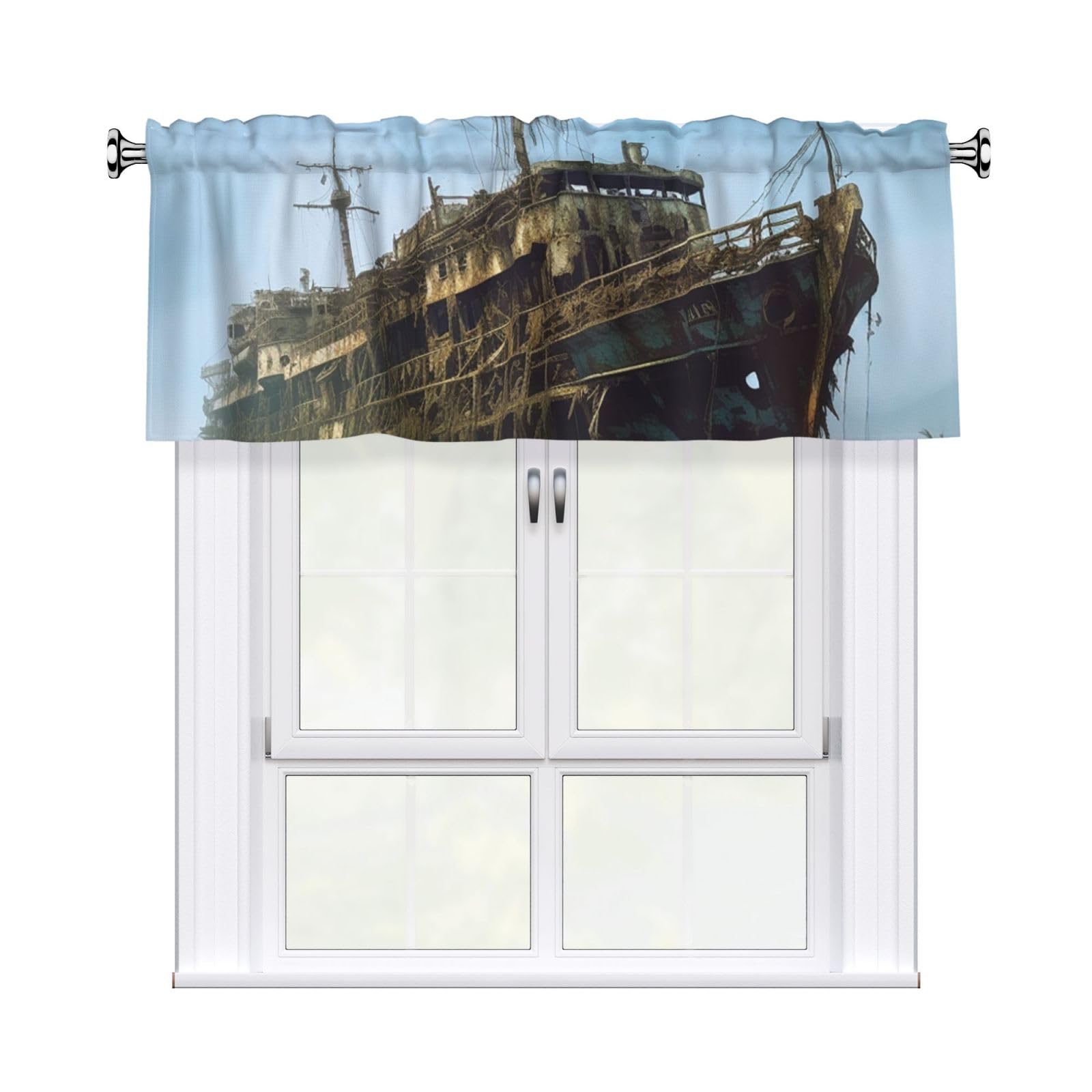 Anceky Abandoned Cruise Ship at Sea Curtains Valances for Kitchen Windows 54x18 Inch Rod Pocket Window Valance Treatments Half Short Curtain for Bathroom Living Room Decor 1 Panel