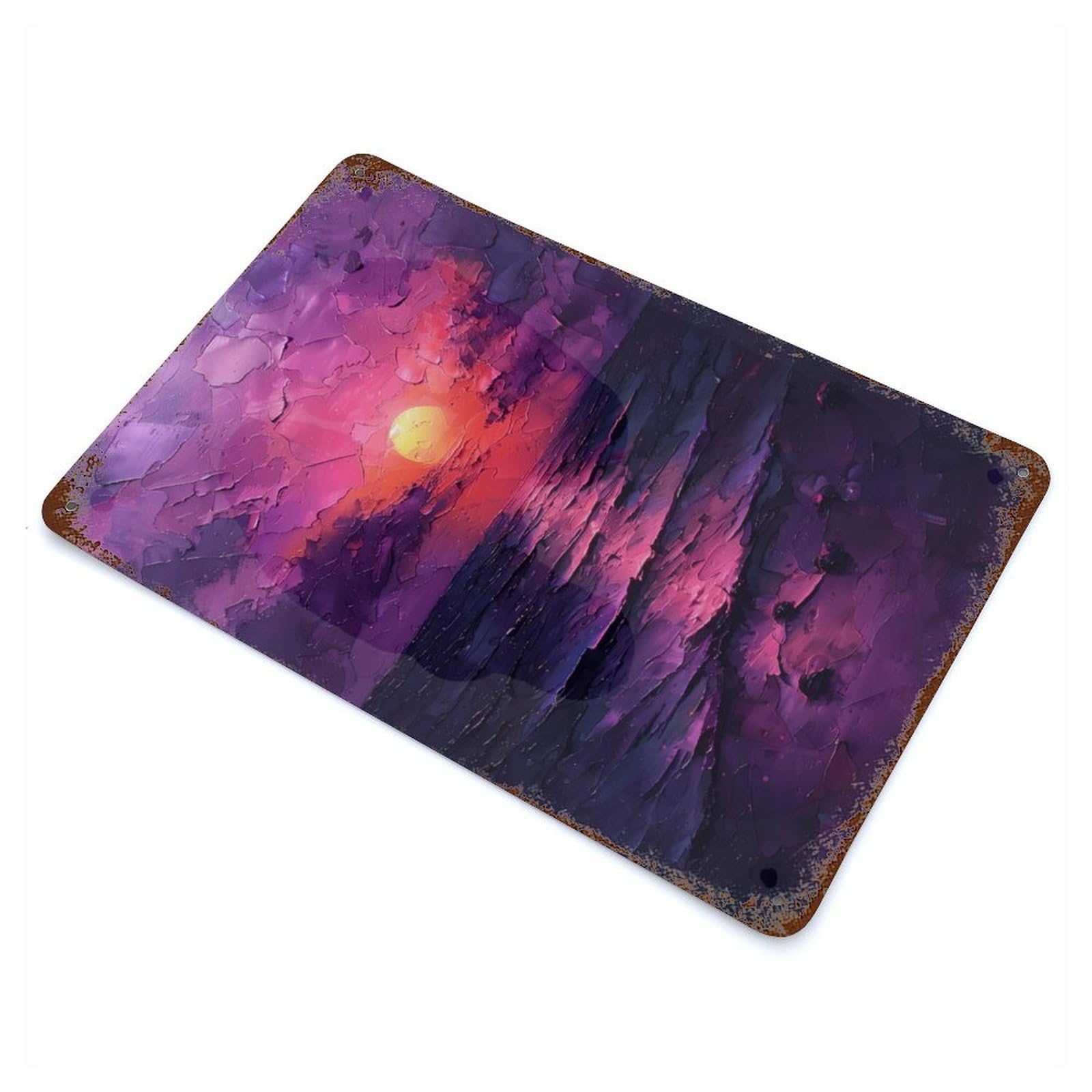 Aged Metal Wall Plaque with Purple Sunset Seascape Design 11.8"x7.9", for Farmhouse, Kitchen And Entryway Decor, Old School Wall Decor