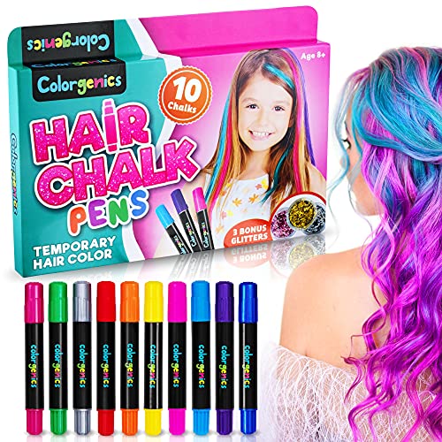 Colorgenics Hair Chalk for Girls, Temporary Hair Chalk for Kids, 10 Color Hair Chalk Pens and Glitters, Non Toxic Washable Temporary Hair Color for Kids, Hair Dye for Kids, Birthday Gifts for Girls
