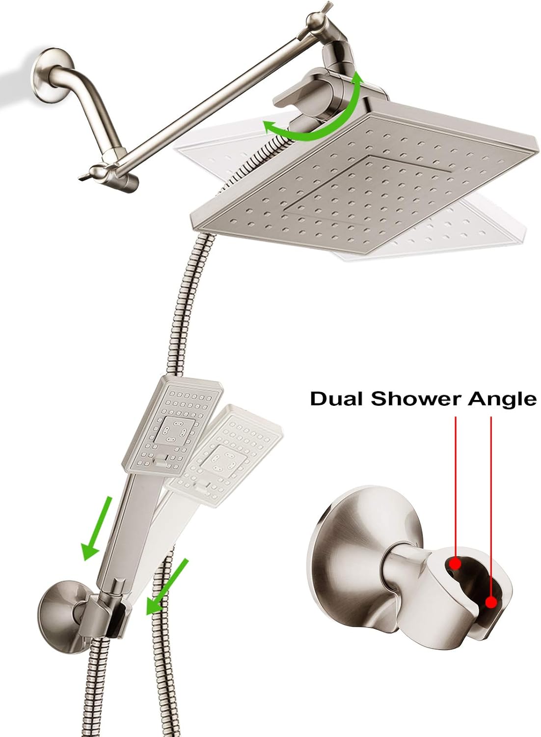 Onе-Dау Sаlе: Uр tо 60% оƒƒ BRIGHT SHOWERS Rain Shower Head with Handheld Spray 5 ft. Shower Hose Combo Includes Wall Mount Suction Bracket, 3-Way Water Diverter Mount (8 Inch Square, Brushed Nickel)