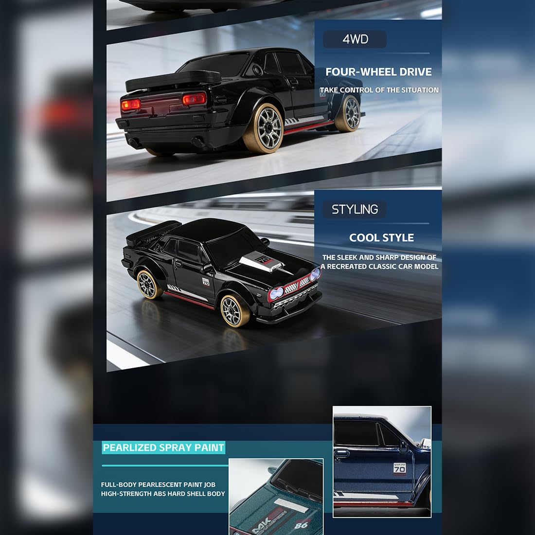 RC Drift Auto, 1:64, 4 WD, modalità doppia velocità, auto telecomandata con gas e sterzo completamente proporzionali, luce LED, regalo per appassionati e adulti (nero)