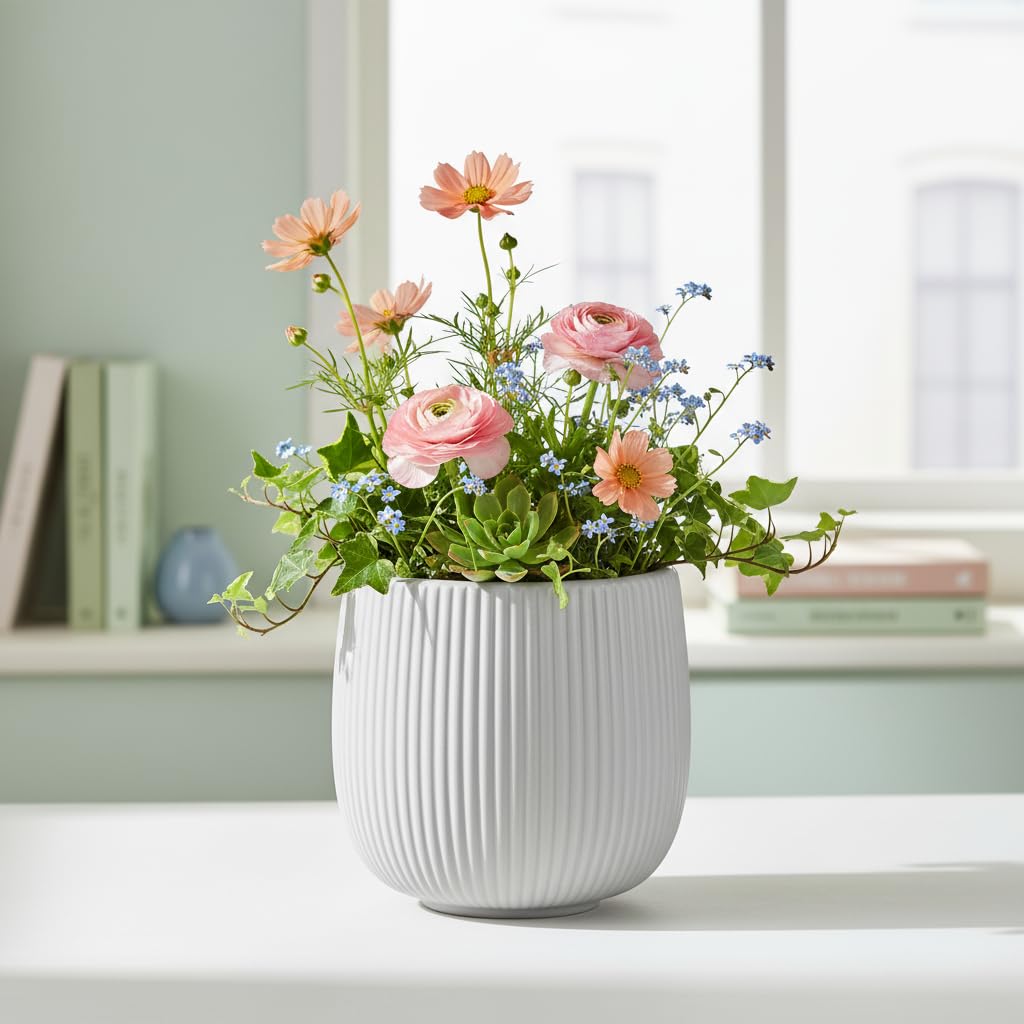 Xtore® Graceful Minimalist Ceramic Planter Pot for Indoor & Outdoor Décor | Smooth Matte Finish Round Flower Pot for Living Room, Balcony, Office & Tabletop Styling (Grey, Planter only)-image-15