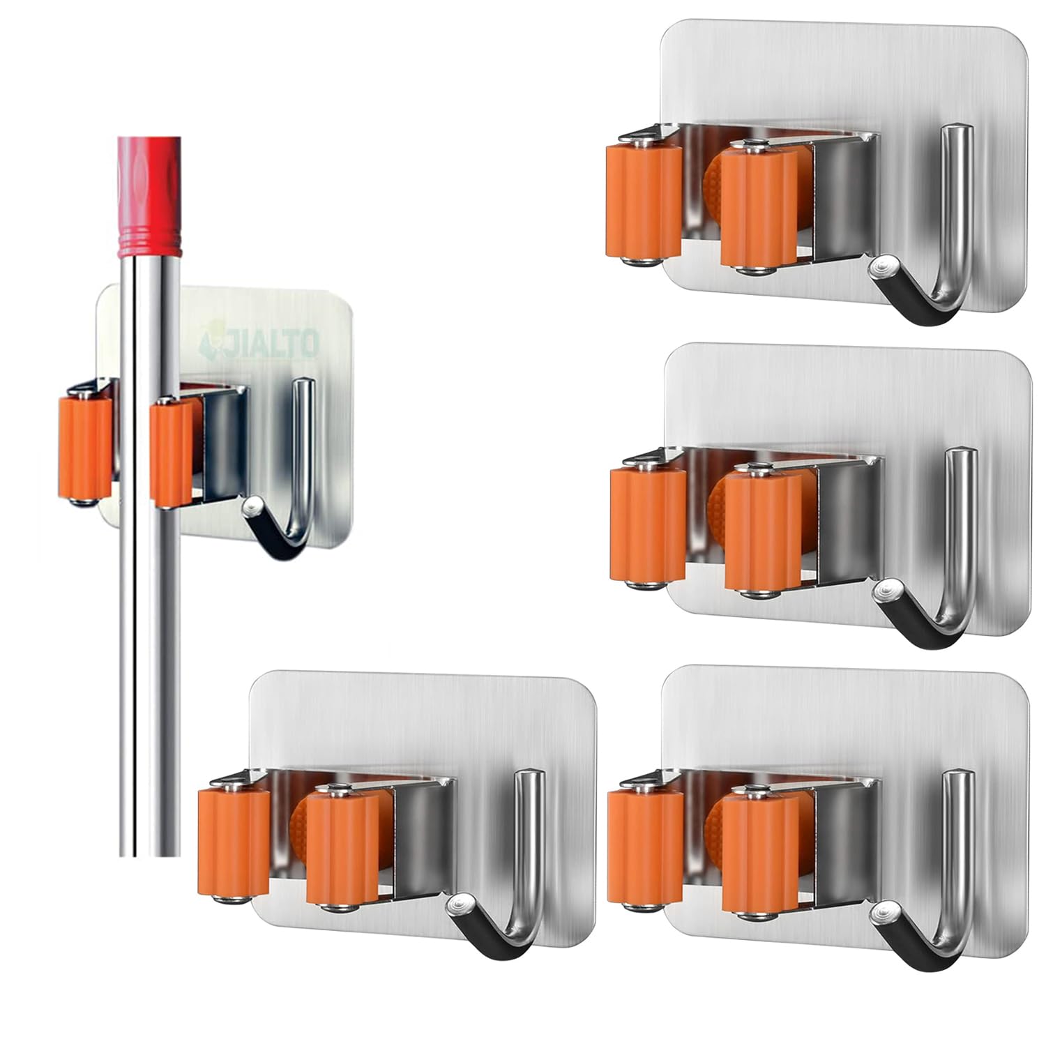 4 Pcs Stainless Steel Broom Holder with Hook - Wall-Mounted Adhesive Storage Solution for Broom Holders, Home, and Kitchen Organization
