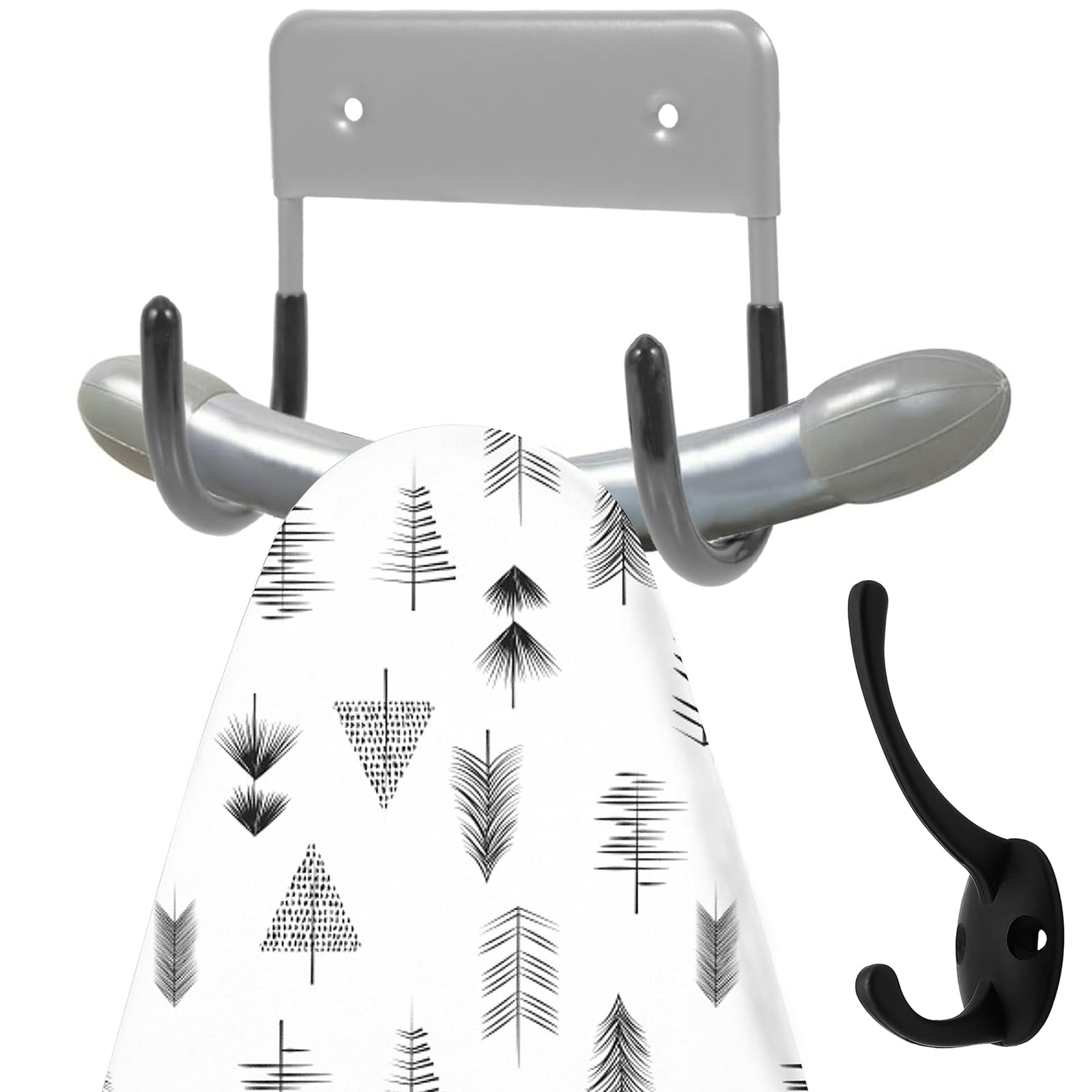 EGGMARCH Ironing Board Hanger Wall Mounted Ironing Board Hook Metal Ironing Board Holder Strong Ironing Board Storage Wall Bracket for Small and Large Ironing Board Organize with a Coat Hook (Grey)