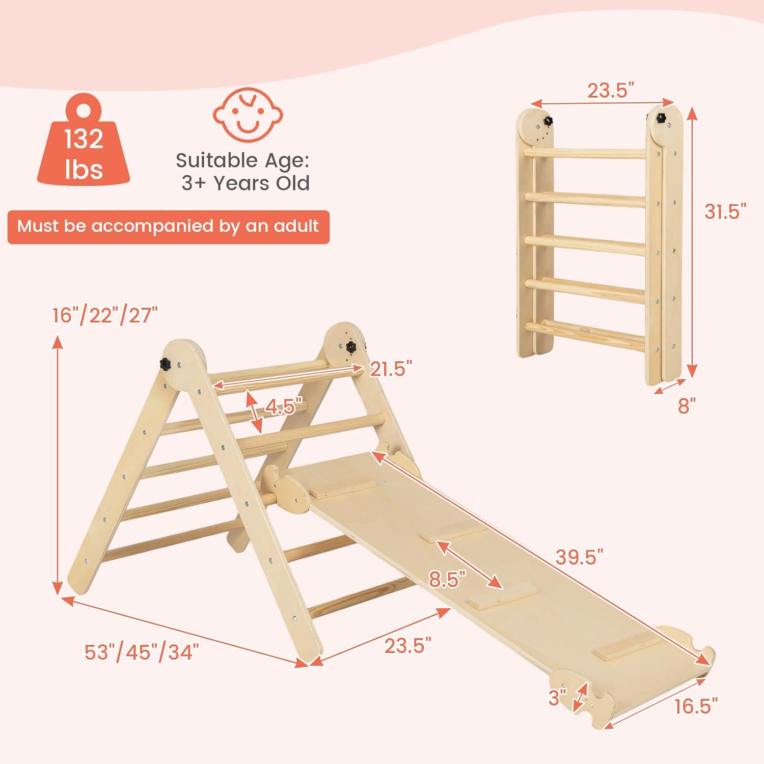 Costzon Climbing Toys for Toddlers, 4 in 1 Foldable Wooden Montessori Baby Climbing Gym with Adjustable Angle's Ramp for Climb & Slide, Kids Triangle Climbing Toys Indoor Boys Girls Gift Set