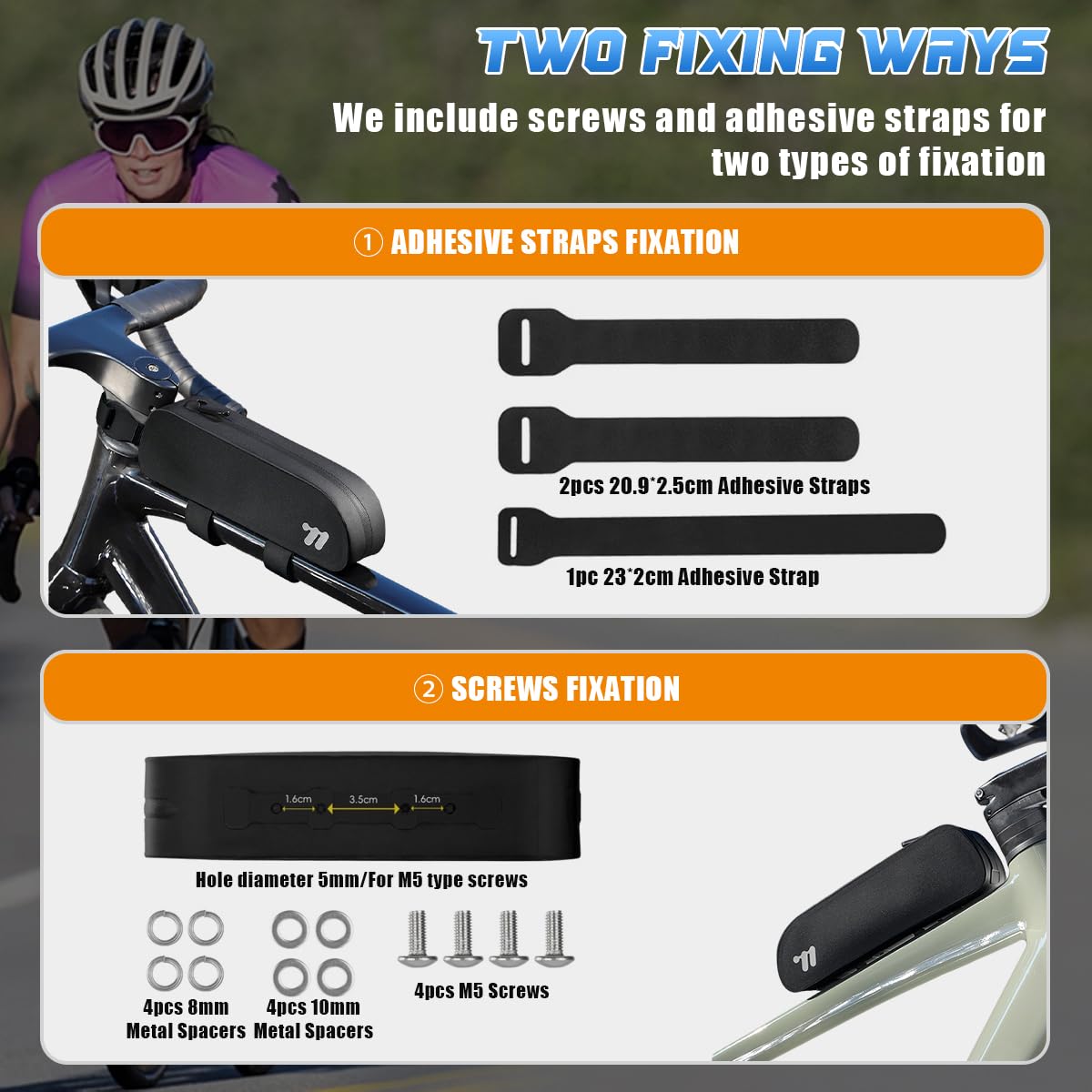 Borsa Telaio Bici,Borsa Bici,Borse Bici con Cinghie Adesive e Viti di Fissaggio,Borsa Bici Telaio Impermeabile per MTB,Bici da Strada,Bici da Città