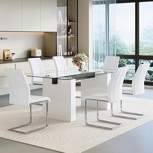 Miniatura 2 de FURNITO Juego de mesa de comedor de cristal para 6, mesa de cocina moderna y sillas para mesa de comedor de vidrio de 6.71 pulgadas con 6 sillas de