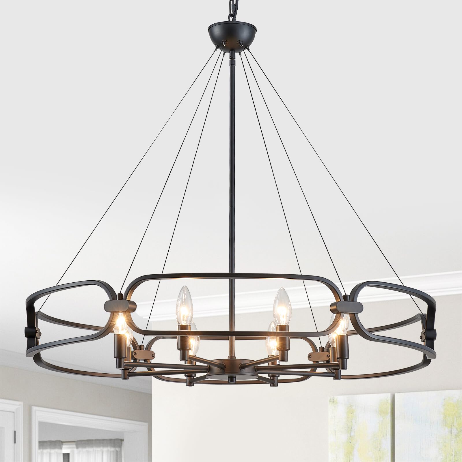Black Chandelier 31 Large 8-Light Industrial Chandeliers for Dining Room Round Farmhouse Kitchen Pendant Lighting Fixture for Entryway