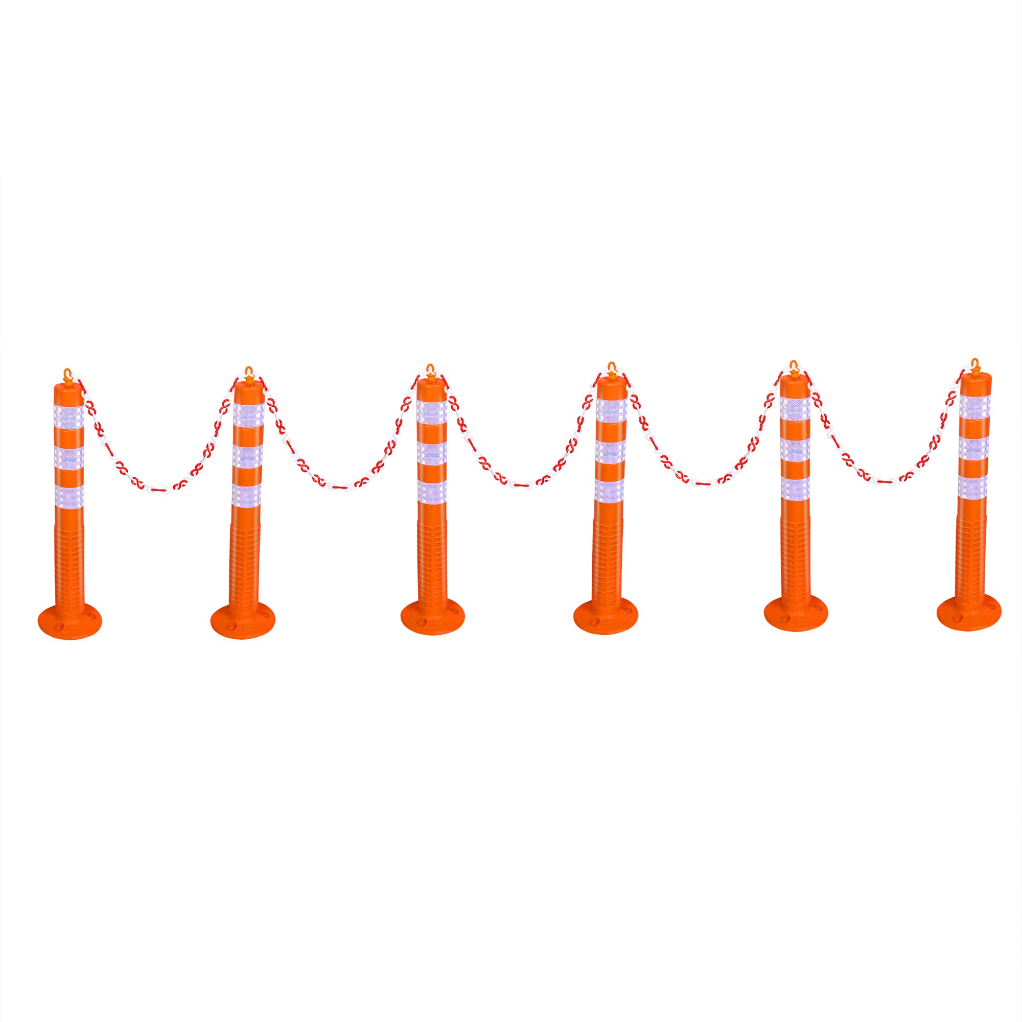 ABS INDUSTRY 6 Spring Parking Post Orange With 3 White Reflective Tape and 6 Meters S hook Safety Chain Highly Flexible Road Cone Traffic Delineator Posts Flexible Channelizer Cone 30" with Nails