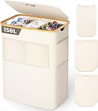 OUSFOT Panier à linge 3 Compartiments avec Couvercle 158L Corbeille a linge pliable en Tissu Oxford 600D avec Sac à linge amovible, poche avant en filet, Bac a linge Laundry baskets, Beige