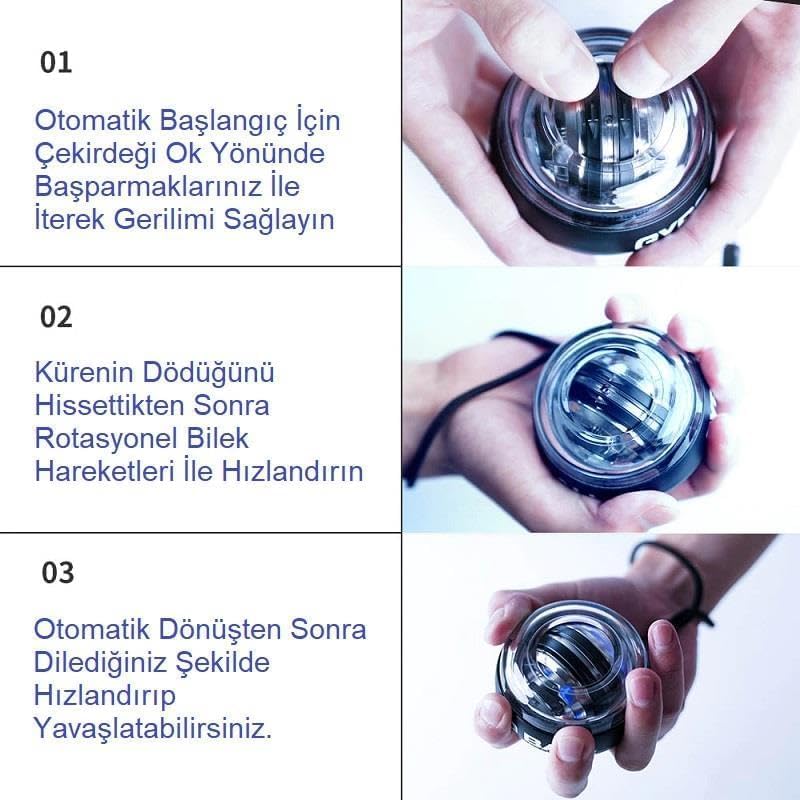 Gyro Ball Bilek Güçlendirici, LED Işıklı Otomatik Başlatma, Taşınabilir El Egzersiz Topu, Ön Kol Güçlendirme Rehabilitasyon ve Kas Güçlendirme İçin, - Görsel 2