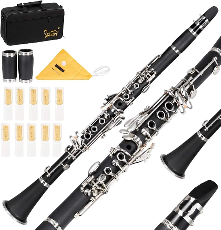 Ktaxon Bb Flat Clarinet, Nickel-Plated 17 Keys B Tone Clarinets, Black | Mid-Range Bakelite, For Beginner & Student to Gig or Practice, Included Hard Case, Gloves, 2 Mouthpiece Connectors
