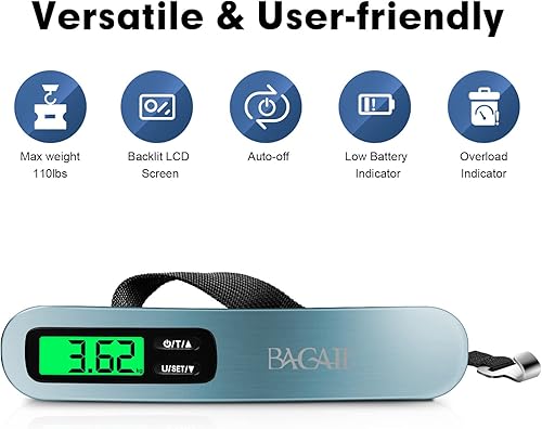 Miniatura 6 de BAGAIL Báscula digital de equipaje, báscula de equipaje colgante de 110 libras con pantalla LCD retroiluminada, báscula de pesaje portátil para
