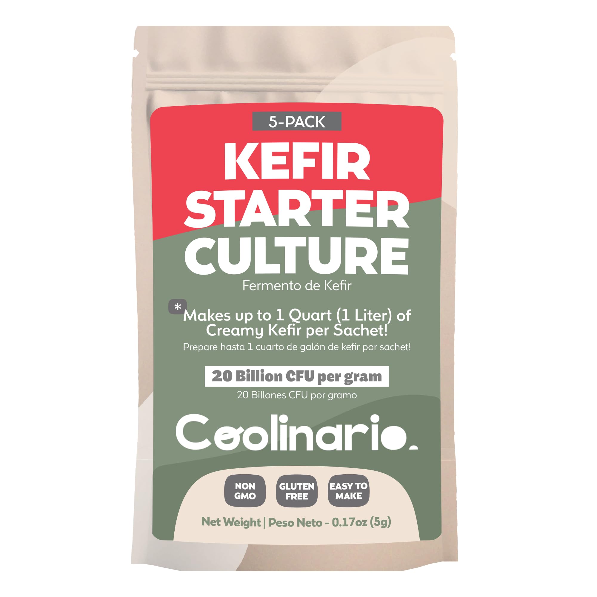 Coolinario Kefir Starter Culture (5-Pack, 1g Sachets) Live Probiotic Cultures for Homemade Kefir | Smooth, Creamy & Tangy | Non-GMO, No Preservatives, Gluten Free, Halal & Kosher Certified