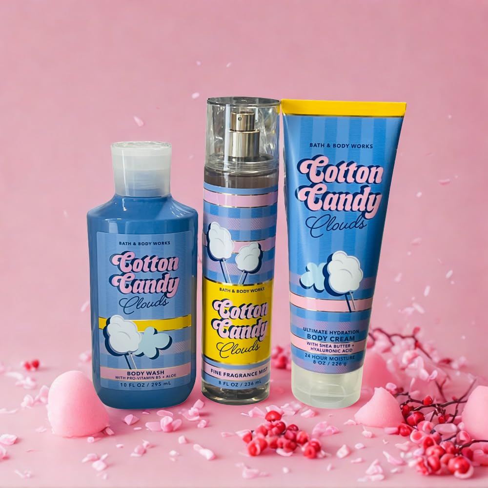 Bath & Body Works COTTON CANDY CLOUDS Fine Fragrance Mist, Ultimate Hydration Body Cream & Body Wash 3pc Gift Set with a Red Bow for Holidays – Full Size - Image 6