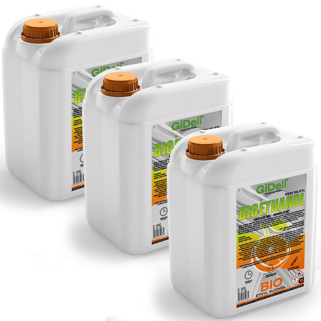 GiDeli Bioetanolo, 3 x 10 l, profumo d'arancia, 96,6% etanolo, per camini interni ed esterni, senza fumo e fuliggine, da mais e barbabietola da zucchero
