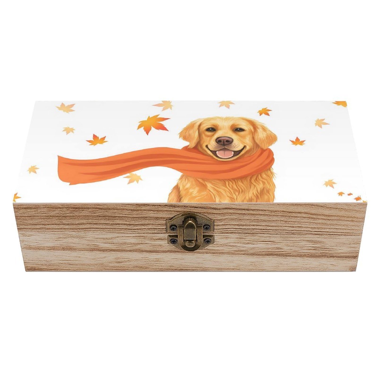 HLBSDM Autumn Golden Retriever & Maple Leaves Retro Wooden Storage Box Jewelry Art Gift Boxs Decorative Keepsake Boxes