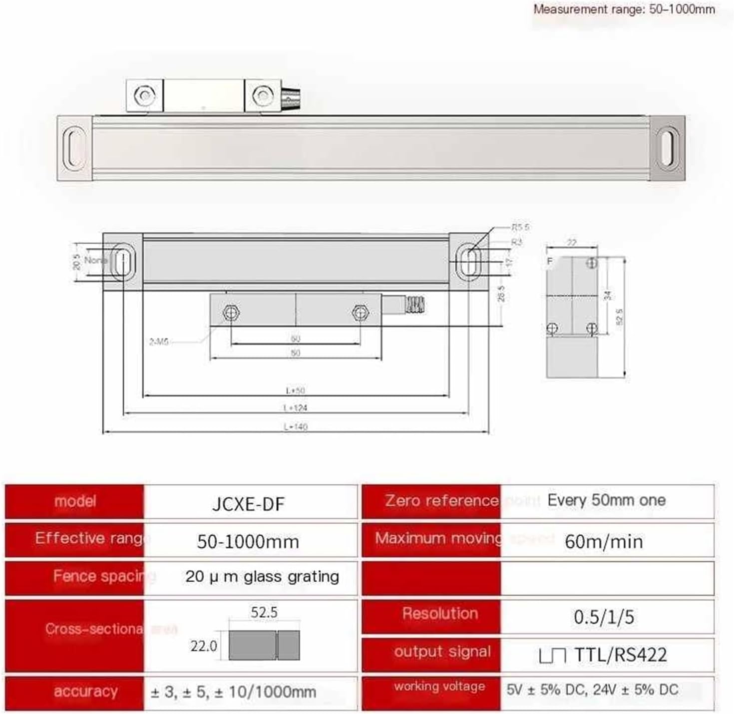 Raster Scale Digital Display Milling Machine Grinding Machine Line Electronic Scale PLC Displacement Sensor(JCXE-DF 900mm)