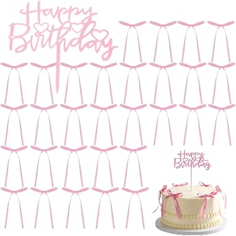 Pack of 30 Cake Decorations Pink Bows 1 x Happy Birthday Sign Cake Topper Cake Decorations Cake Bows Happy Signs for Parties Valentine's Day Weddings
