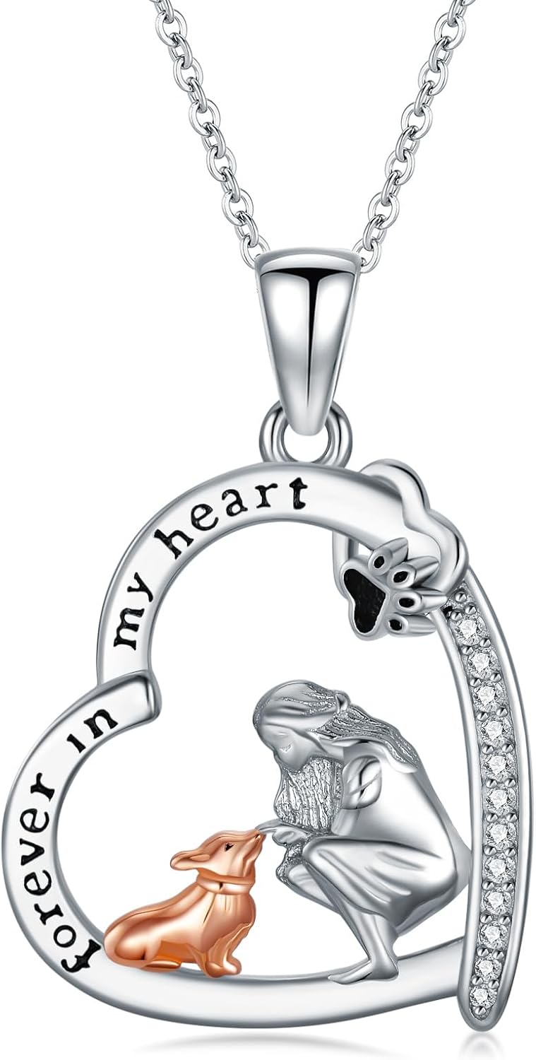 S925 Sterling Silver Heart Necklace Women and Animal Pendant Necklace Forever in My Heart Souvenir for Women Animal Lovers