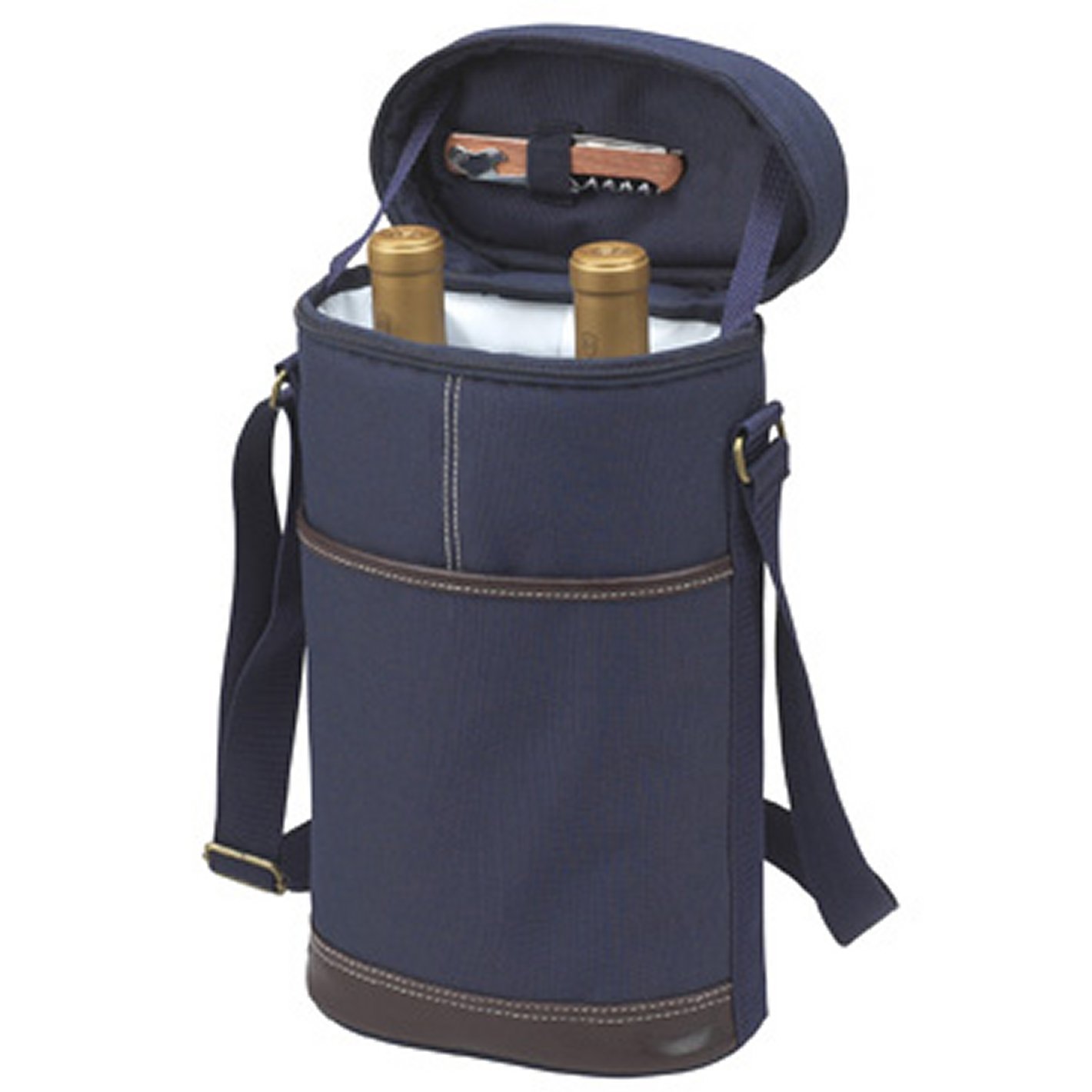 Picnic at Ascot - Insulated 2 Bottle Travel Wine Tote with Corkscrew & Shoulder Strap - Navy
