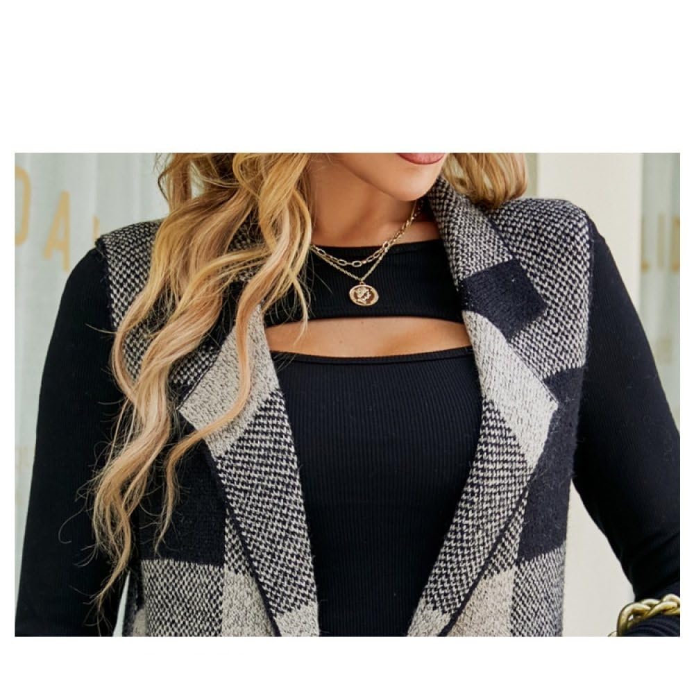 Ärmellose Strickjacke Für Damen Langer Strickpullover Weste Damenmantel Vintage-Karomuster Schalkragen Blazer Strickweste Elegant Karierter Jacquard-Pullover Ärmellos Herbst Und Winter