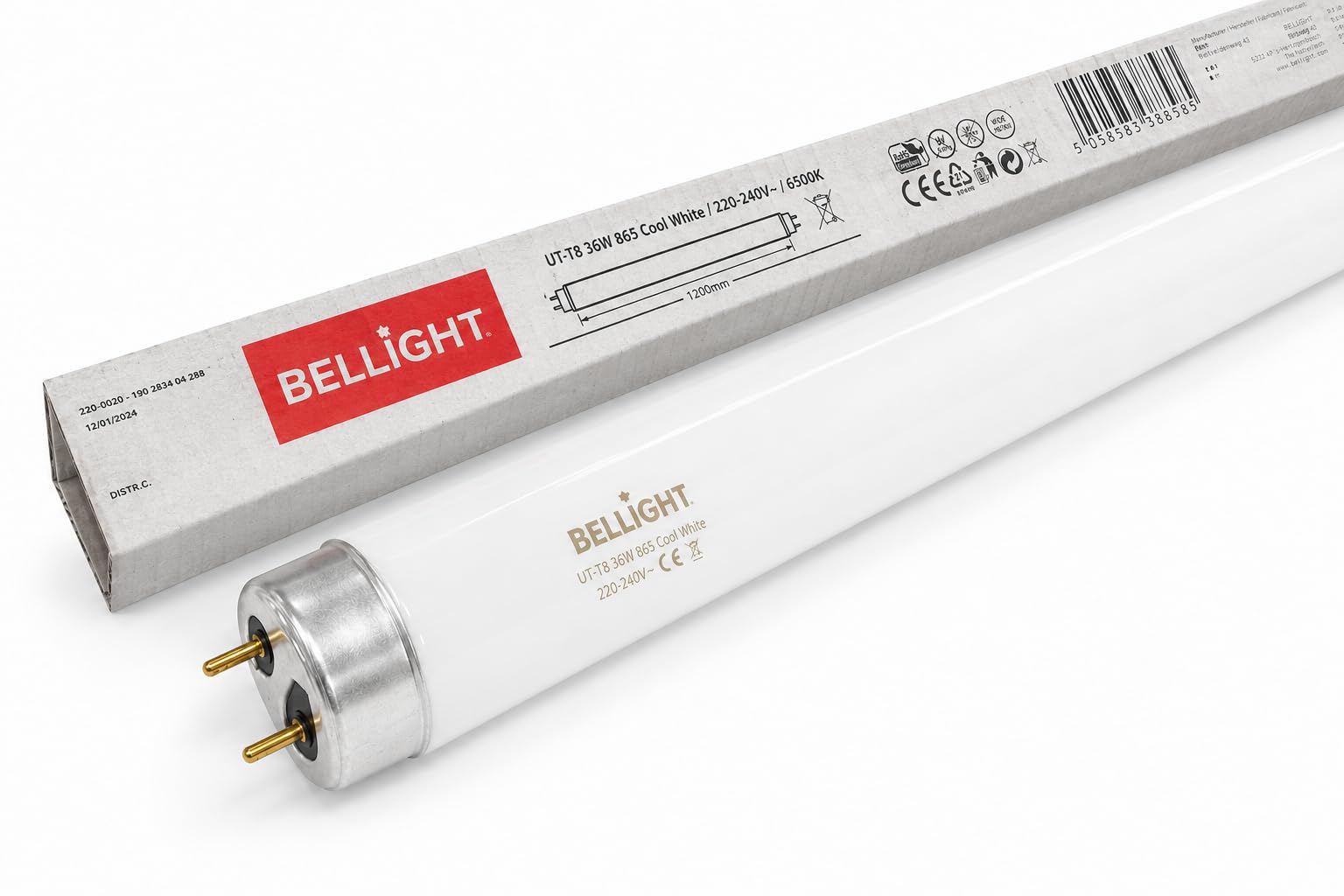 Pack 25x Tubo Fluorescente T8 36W | 6500K 865 Luz Fría Industrial | Casquillo G13 120cm | Iluminación de Alta Intensidad para Naves y Almacenes sustituto Osram, Philips, Sylvania y otros