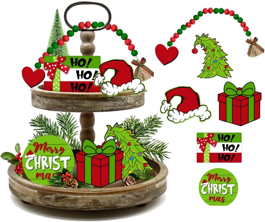 Christmas Tiered Tray Decor, Merry Christmas Tray Decorations, Christmas Tree Max Stink Stank Stunk Wooden Signs Beads Garland, Xmas Holiday Home Decor for Tabletop Shelf Party Mantel
