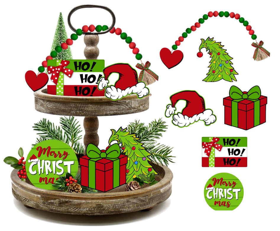 Guoofu Christmas Tiered Tray Decor, Merry Christmas Tray Decorations, Christmas Tree Max Stink Stank Stunk Wooden Signs Beads Garland, Xmas Holiday Home Decor for Tabletop Shelf Party Mantel