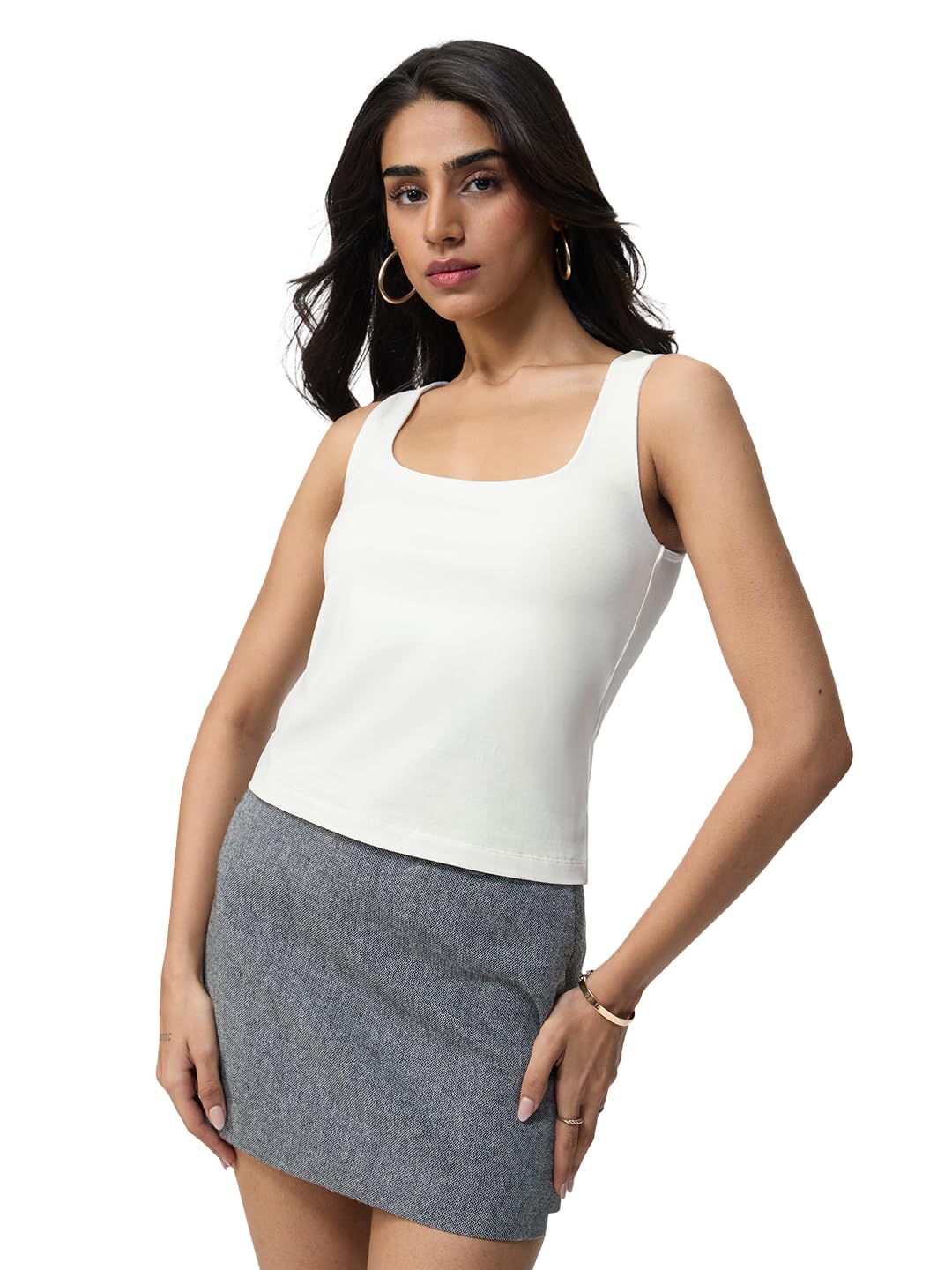 The Souled Store Ivory Dust Women and Girls Sleeveless Scoop Neck White Solid Cotton Elastane Regular Fit Breathable Stretchable Lightweight Everyday Tank Top in white