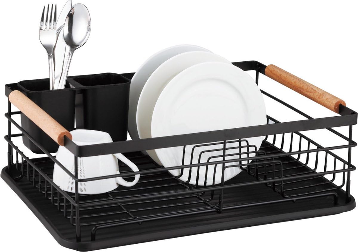 ROYAL SWISS Escurreplatos negro mate con asas de madera – Escurreplatos de metal con bandeja de goteo y soporte para cubiertos – Escurreplatos para ahorrar espacio en la cocina y fregadero