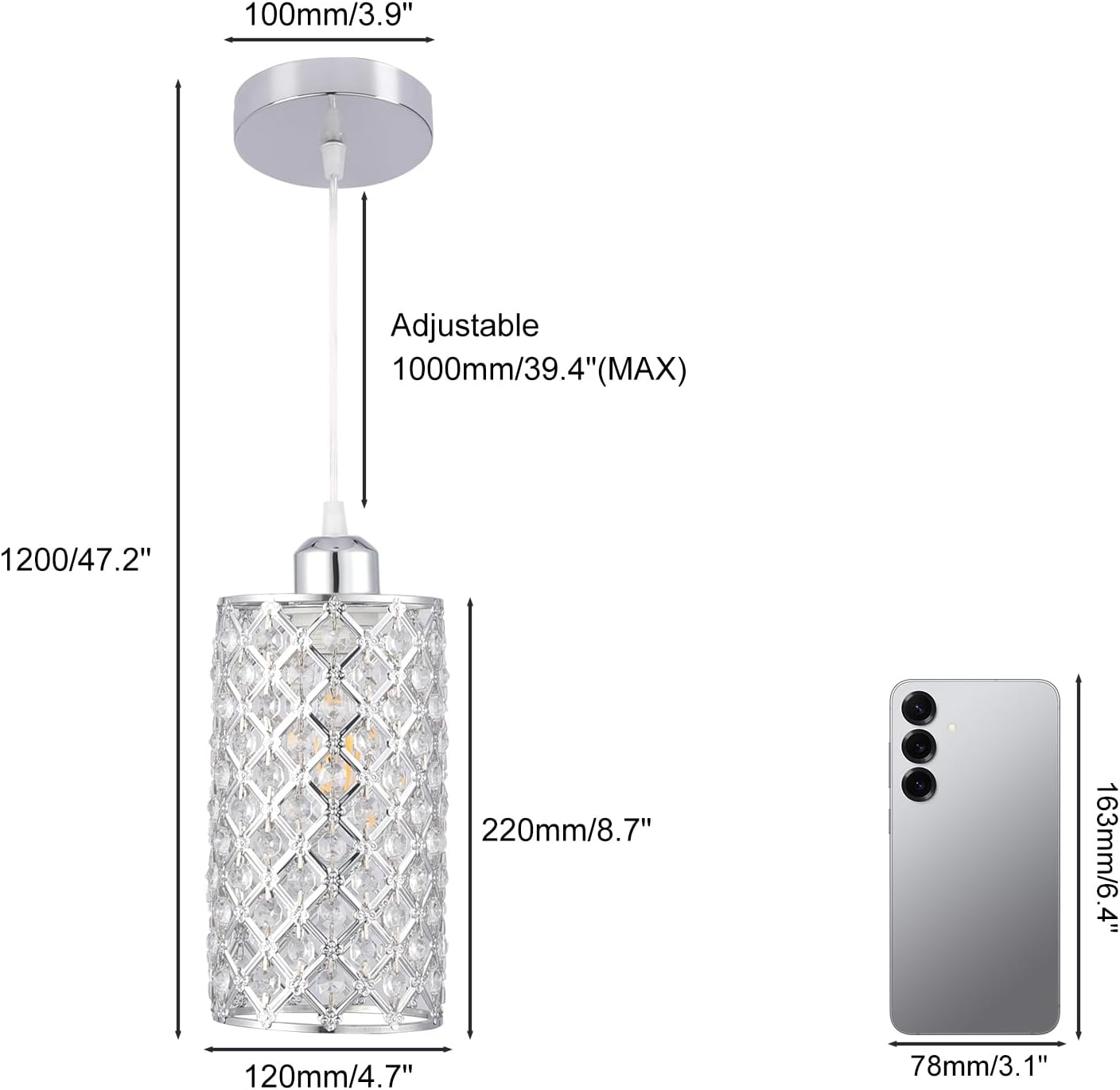 Modern Crystal Pendant Lighting Hanging Pendant Lighting Fixture Adjustable Ceiling Light for Kitchen Dining Room Bedroom Kitchen Island (Silver)