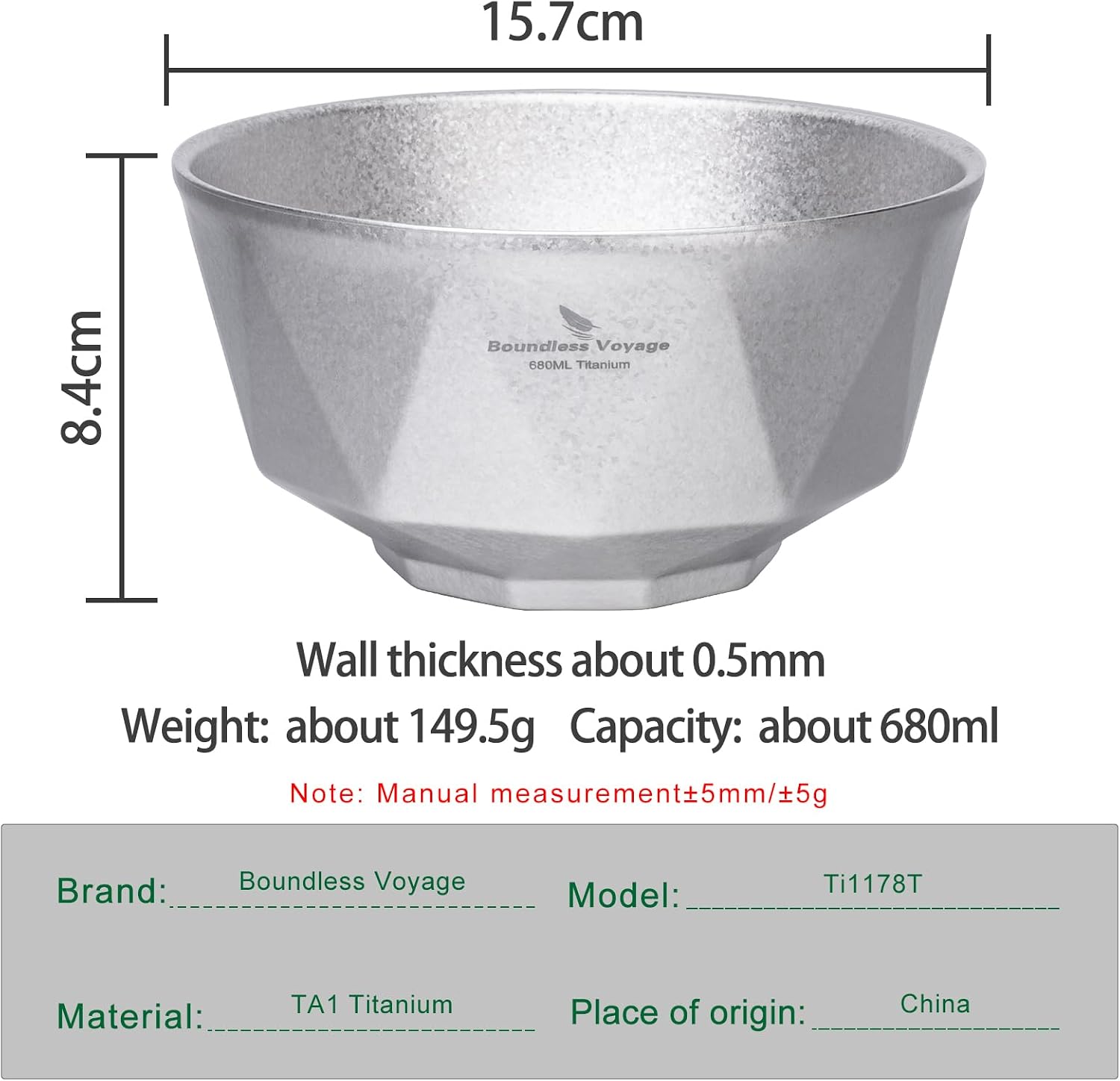 Boundless Voyage Titanium Double Walled Salad and Rice Bowls Soup Oatmeal Yogurt Serving Bowl Ultralight Outdoor Camping Tableware Kitchen Utensils (Silver-Ti1178T)