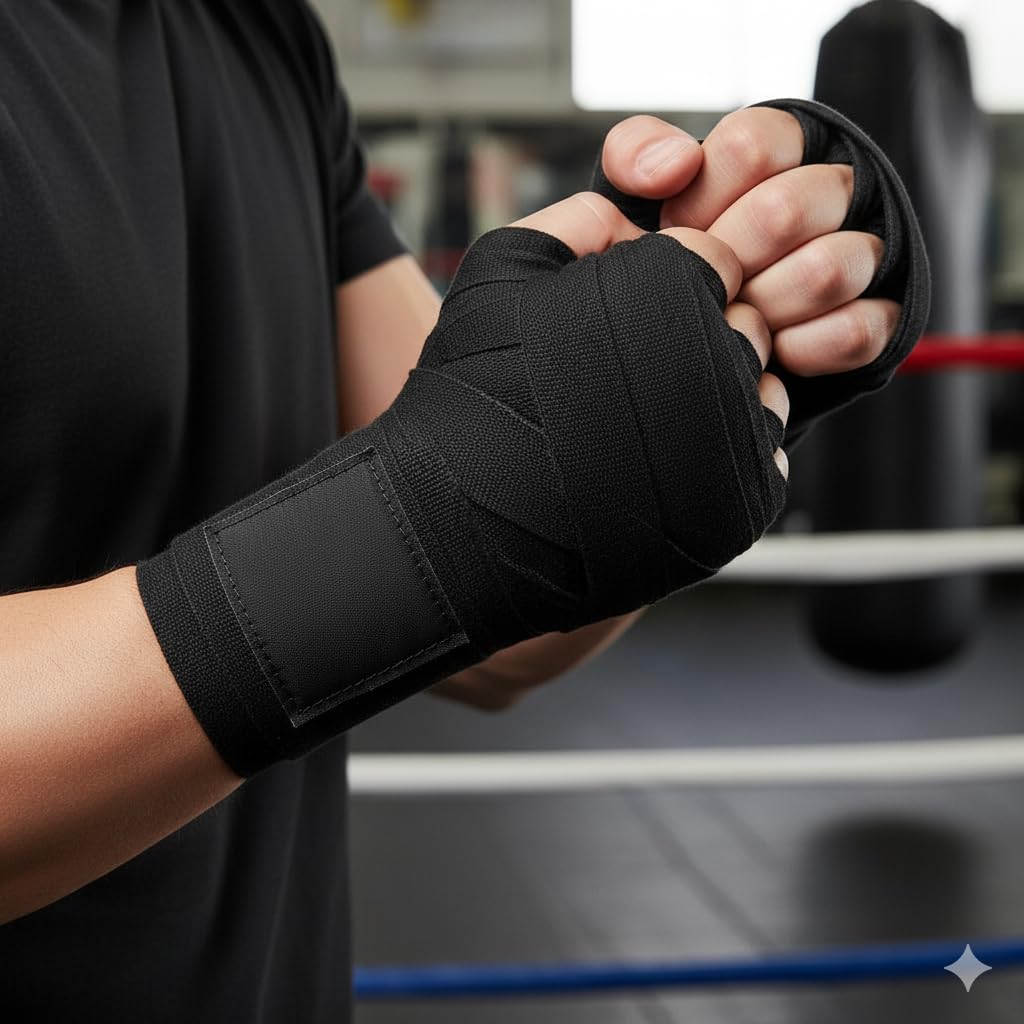 Ciko Mexican Style Semi-Stretch Nylon Cotton Mix Boxing Hand Wraps Pack of 1 Pairs Martial Arts MMA Inner Hand Wraps/Bands for Punching Length 3.25m (Black)-image-7