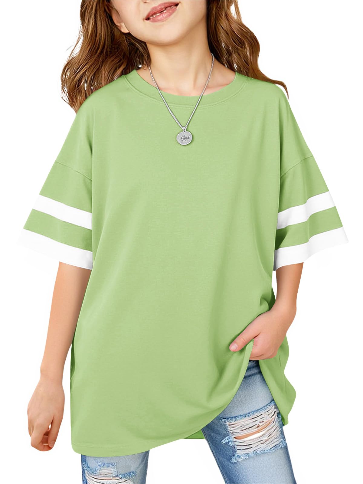 Girls Oversized T Shirts Kids Summer Striped Short Sleeve Tops Casual Crewneck Tees 5-14 Years