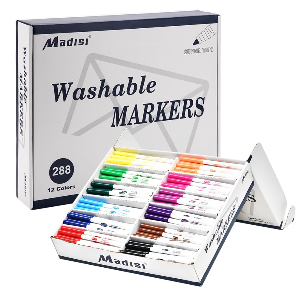 Madisi Washable Markers, Super Tips Markers, Assorted Colors, Classroom Bulk Pack, 288 Count