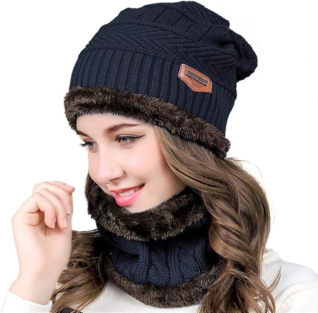 Kyowoll Unisex Winter Thermal Beanie Hat and Circle Scarf Set Knitted Beanie Circle Loop Infinity Scarfs Neck Warmer Ski Snowboard Warm Winter For Men Women