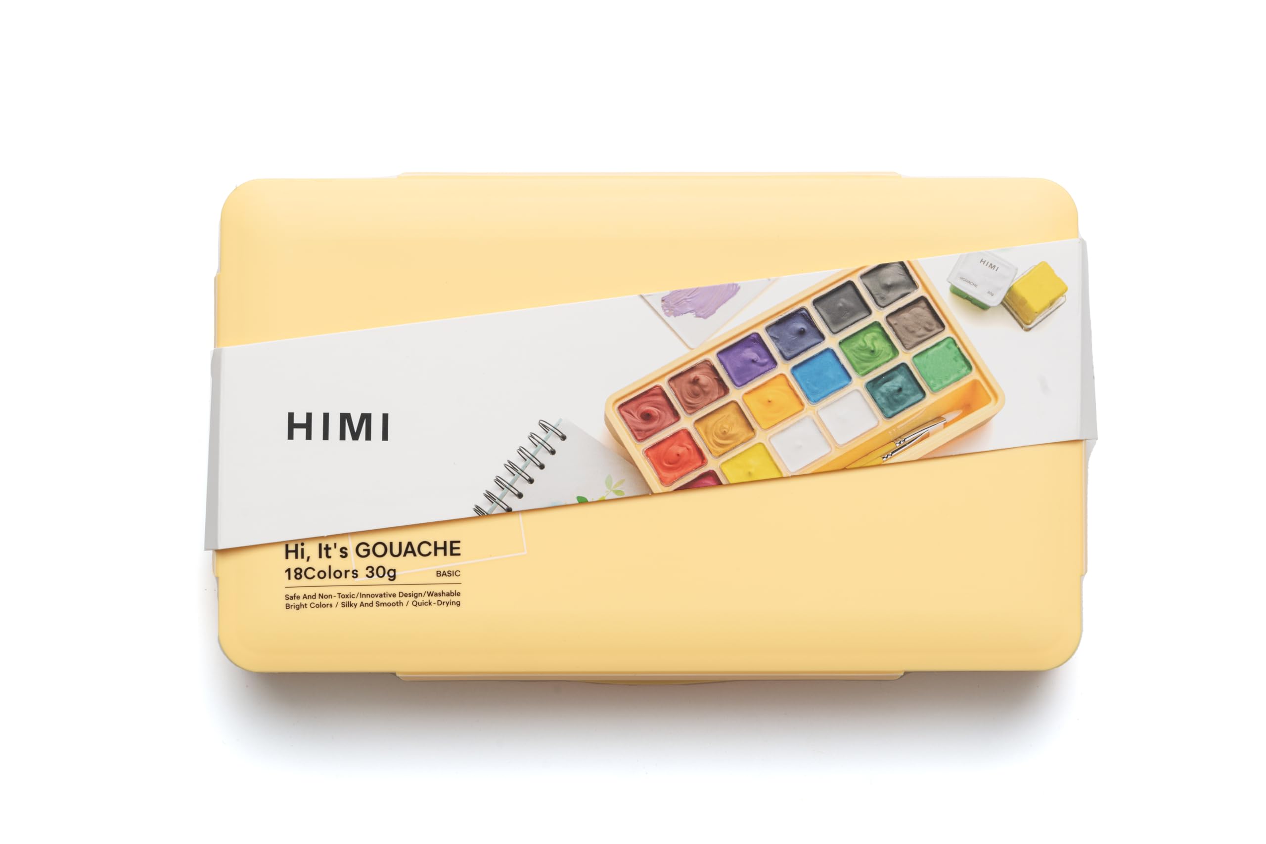 HIMI Jelly Cup Gouache Set 18 Paint Colours, 3 Brushes, Paint Pallete, Yellow Case, Add Water to Reactivate, Smooth, Rich Colours, Gift, Artist Art Supplies, Large Scale Art Work to Fine Details
