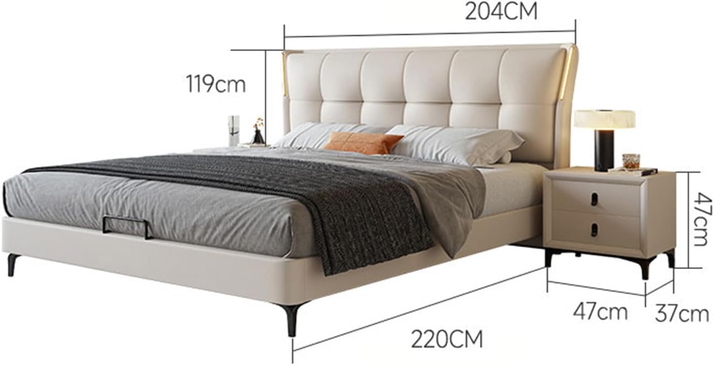 Modern Minimalist Queen Bed Genuine Leather Solid Wood Slats Support with LED Lights and Heavy Duty Wooden Slat Support Noise-Free Easy Assembly