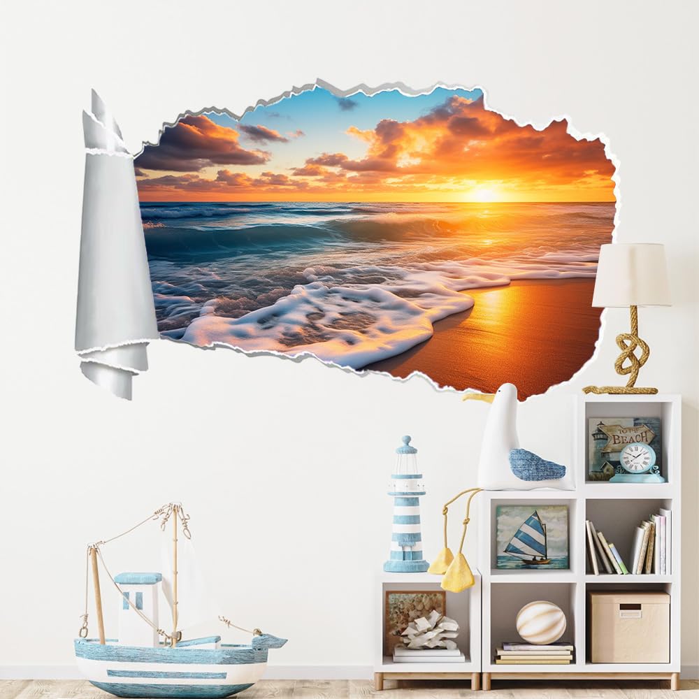 3D Durchbruch Wandtattoo Mädchen Kinderzimmer Sonnenuntergang Am Strand Wandaufkleber Dekorative Landschaft Wandsticker für Junge Teenager Zimmer Wohnzimmer Schlafzimmer Wandbilder Deko