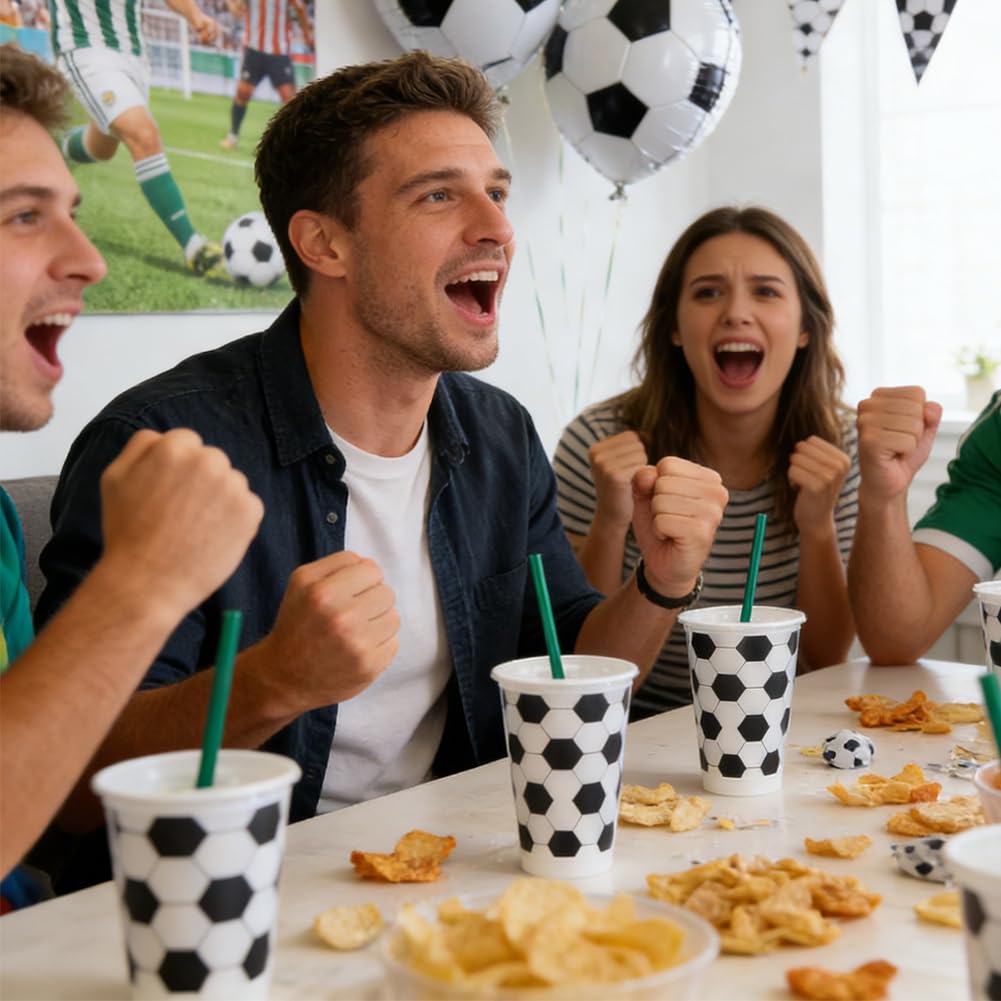 Set di 12 Bicchieri di Plastica a Tema Calcio 710ml con Coperchio e Cannuccia, Tumbler Riutilizzabile per Feste Compleanno, Decorazione per Party Sportivi, per Bambini e Adulti (Cannuccia Verde)