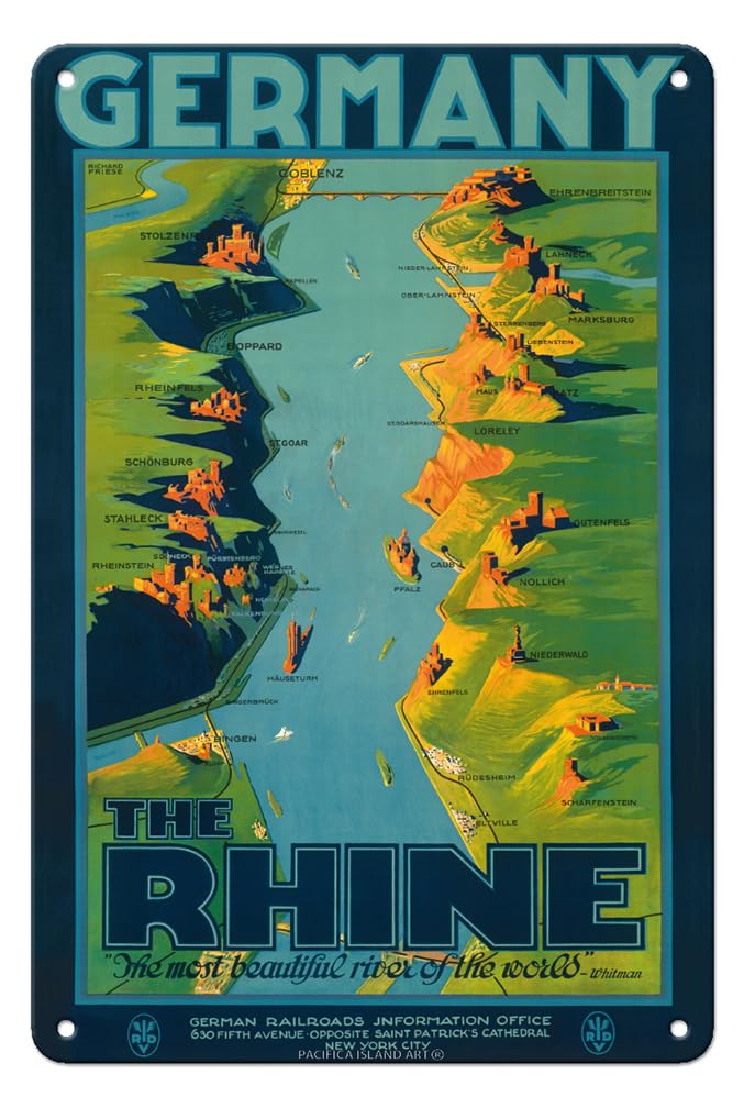 Pacifica Island Art Germany - The Rhine - “The Most Beautiful River of the World” Walt Whitman - Vintage Travel Poster by Richard Friese c.1930s - 8 x
