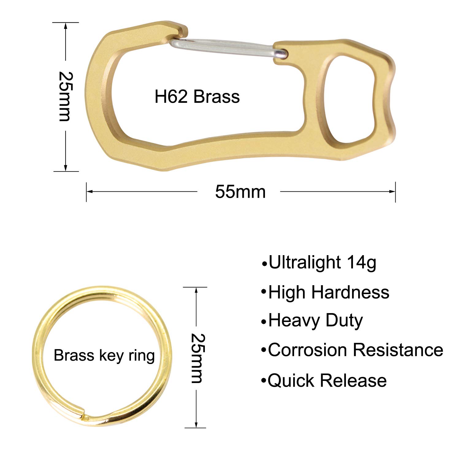 PPFISH 2PCS Solid Brass Heavy Duty Carabiner Keychain, EDC Quick Release Hooks with Brass Key Ring Set for Men Women
